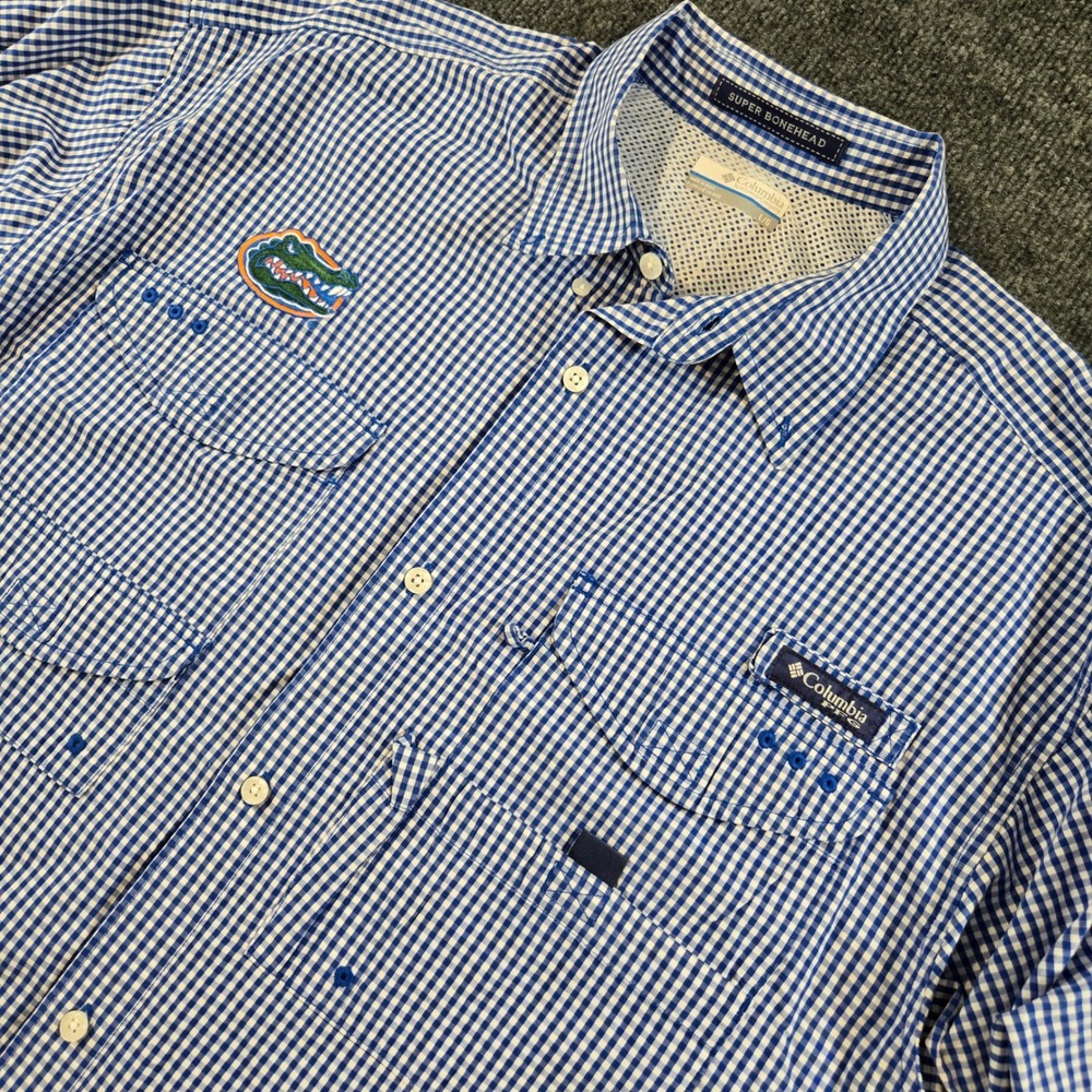 Columbia PFG Florida Gators Super Bonehead Fishing Shirt Blue Gingham Mens L